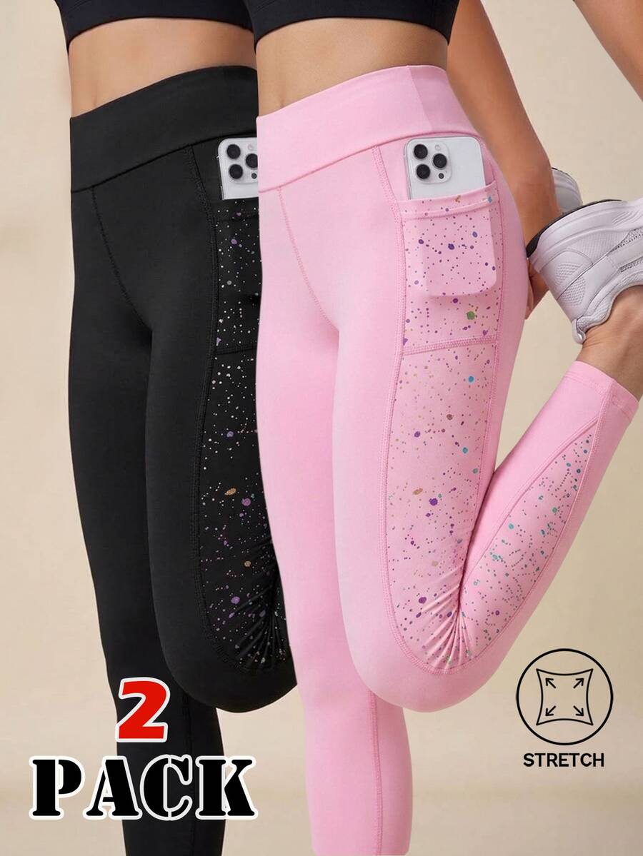 SHEIN 两件套少女紧身裤套装，星空喷绘圆点印花瑜伽紧身裤，高弹力，时尚百搭，适合运动、户外、跑步、骑行、徒步等，黑粉色