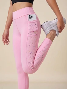 SHEIN 两件套少女紧身裤套装，星空喷绘圆点印花瑜伽紧身裤，高弹力，时尚百搭，适合运动、户外、跑步、骑行、徒步等，黑粉色 - 彩色 - 查看 4