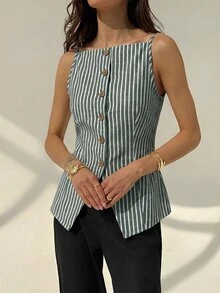 Aloruh 女款優雅條紋拼接配色鈕扣襯衫街頭風 - 軍綠色 - 查看 5