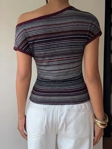 Aloruh 女款條紋圖案不對稱肩短袖休閒短版T恤 - 彩色 - 查看 2