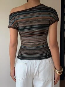 Aloruh 女款條紋不對稱肩短袖休閒百搭T恤 - 彩色 - 查看 2