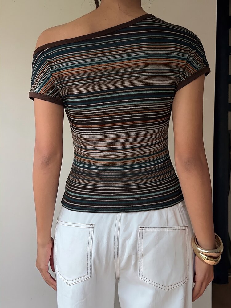 Aloruh Women's Striped Asymmetrical Shoulder Short Sleeve Casual Versatile T-Shirt - Multicolor - View 2