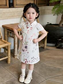 SHEIN Baby Girl Elegant Floral Print Collared Asymmetric Front Button Qipao Dress, Short Sleeve Hidden Zipper, Spring/Summer - White - View 1