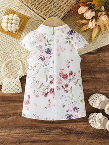 SHEIN Baby Girl Elegant Floral Print Collared Asymmetric Front Button Qipao Dress, Short Sleeve Hidden Zipper, Spring/Summer - White - View 9