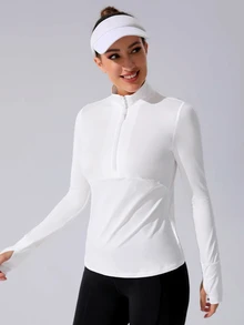 SHEIN Sovereign Charm Half Zip Thumb Holes Sports Sweatshirt Fall Sweatshirts - White - View 6