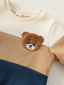 Cozy Pixies 男嬰休閒舒適可愛熊絨毛拼接圓領秋冬衛衣與運動長褲套裝 - 彩色 - 查看 4