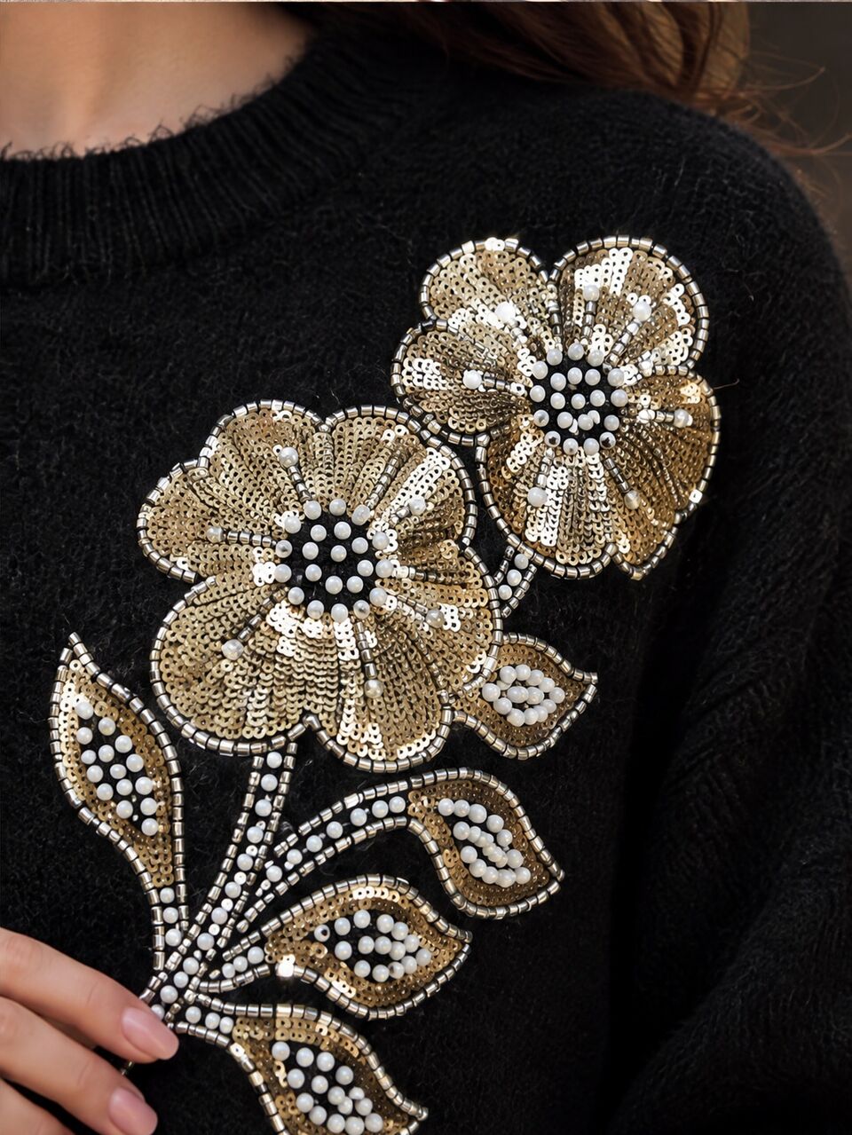 Women's Fall/Winter Elegant Black And Gold Plush Knit Sweater Floral Embroidery Round Neck Loose Long Sleeve For Ceremony Church