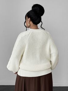 Maweii Sweater Pullover Wanita Ukuran Plus, Rajutan Kabel 3D, Leher Bulat, Kancing Setengah Depan, Lengan Lentera Raglan, Motif Aprikot Musim Gugur/Dingin, Pakaian Luar Atasan - Aprikot - View 3