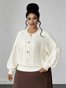 Maweii Sweater Pullover Wanita Ukuran Plus, Rajutan Kabel 3D, Leher Bulat, Kancing Setengah Depan, Lengan Lentera Raglan, Motif Aprikot Musim Gugur/Dingin, Pakaian Luar Atasan - Aprikot - View 6