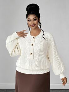 Maweii Sweater Pullover Wanita Ukuran Plus, Rajutan Kabel 3D, Leher Bulat, Kancing Setengah Depan, Lengan Lentera Raglan, Motif Aprikot Musim Gugur/Dingin, Pakaian Luar Atasan - Aprikot - View 5