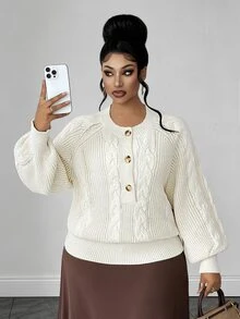 Maweii Sweater Pullover Wanita Ukuran Plus, Rajutan Kabel 3D, Leher Bulat, Kancing Setengah Depan, Lengan Lentera Raglan, Motif Aprikot Musim Gugur/Dingin, Pakaian Luar Atasan - Aprikot - View 7