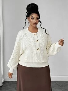Maweii Sweater Pullover Wanita Ukuran Plus, Rajutan Kabel 3D, Leher Bulat, Kancing Setengah Depan, Lengan Lentera Raglan, Motif Aprikot Musim Gugur/Dingin, Pakaian Luar Atasan - Aprikot - View 4