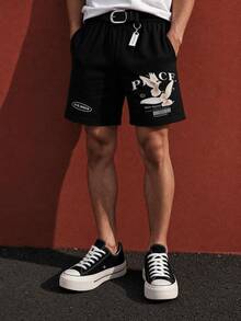 Neovey Men's Summer Casual Streetwear Pigeon Print Drawstring Waist Shorts Vacation Holiday Black And White - Black - View 1