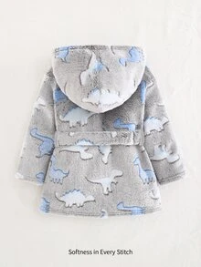 Cozy Pixies Baby Boy Cartoon Dinosaur Printed Hooded Thermal Lined Thick Open Front Robe Autumn Winter - Light Grey - View 2