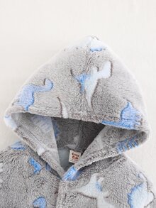 Cozy Pixies Baby Boy Cartoon Dinosaur Printed Hooded Thermal Lined Thick Open Front Robe Autumn Winter - Light Grey - View 6