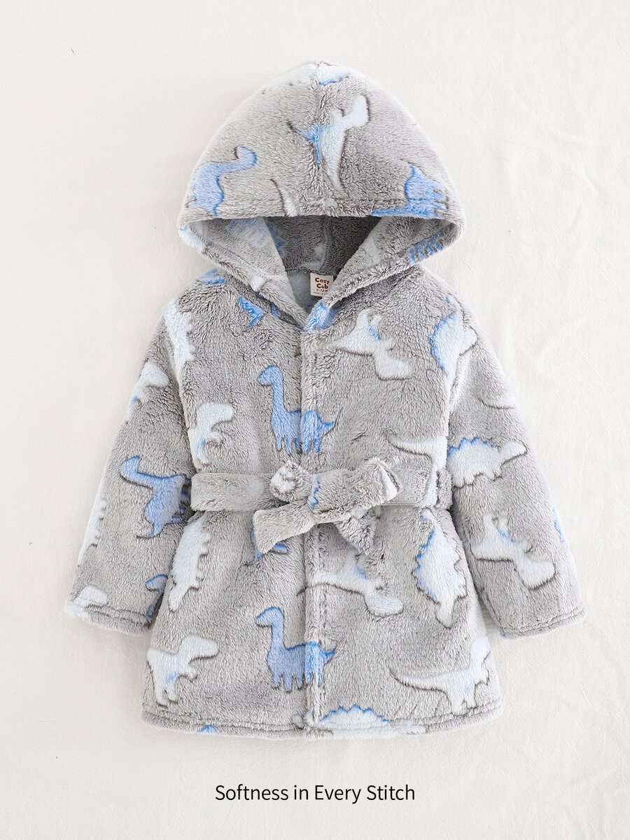 Cozy Pixies Baby Boy Cartoon Dinosaur Printed Hooded Thermal Lined Thick Open Front Robe Autumn Winter - Light Grey - View 1