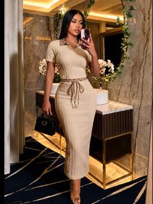 SOLERSUN Women's Summer/Autumn Elegant Casual Old Money Style Textured Cable Knit & Vintage Print High Elasticity 2 Pieces Set - Khaki - View 8