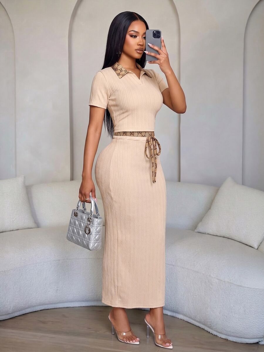 SOLERSUN Women's Summer/Autumn Elegant Casual Old Money Style Textured Cable Knit & Vintage Print High Elasticity 2 Pieces Set