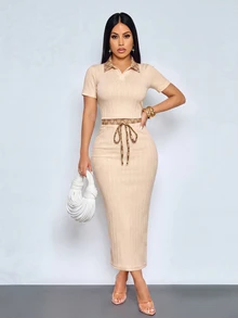 SOLERSUN Women's Summer/Autumn Elegant Casual Old Money Style Textured Cable Knit & Vintage Print High Elasticity 2 Pieces Set - Khaki - View 7