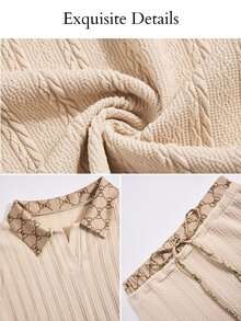 SOLERSUN Women's Summer/Autumn Elegant Casual Old Money Style Textured Cable Knit & Vintage Print High Elasticity 2 Pieces Set - Khaki - View 9