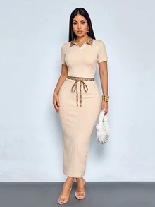 SOLERSUN Women's Summer/Autumn Elegant Casual Old Money Style Textured Cable Knit & Vintage Print High Elasticity 2 Pieces Set - Khaki - View 6