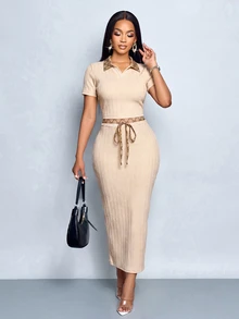 SOLERSUN Women's Summer/Autumn Elegant Casual Old Money Style Textured Cable Knit & Vintage Print High Elasticity 2 Pieces Set - Khaki - View 4
