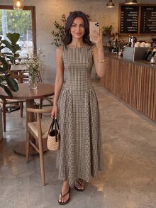 Firerie Elegant Fashion Sleeveless Plaid Waist-Cinching A-Line Midi Dress For Women - Brown - View 9