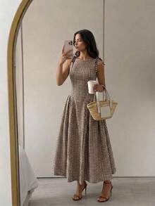 Firerie Elegant Fashion Sleeveless Plaid Waist-Cinching A-Line Midi Dress For Women - Brown - View 4