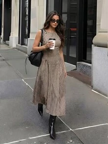 Firerie Elegant Fashion Sleeveless Plaid Waist-Cinching A-Line Midi Dress For Women - Brown - View 10