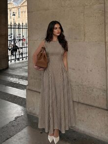 Firerie Elegant Fashion Sleeveless Plaid Waist-Cinching A-Line Midi Dress For Women - Brown - View 6