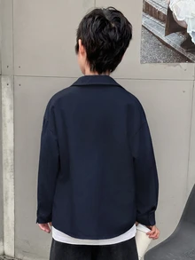 青少年男孩休閒舒適海軍藍長袖襯衫，領口開襟寬鬆基本款冬季上衣，Y2K套裝，夏季返校、學校、正式場合適用 - 藏蓝色 - 查看 4