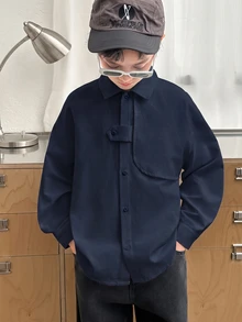 青少年男孩休閒舒適海軍藍長袖襯衫，領口開襟寬鬆基本款冬季上衣，Y2K套裝，夏季返校、學校、正式場合適用 - 藏蓝色 - 查看 3