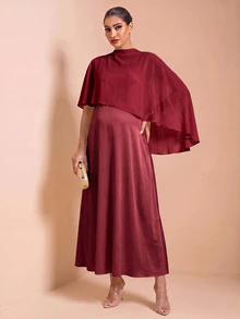 MaterniChic 孕婦純色立領披肩袖罩衫與洋裝優雅兩件套 - 酒紅色 - 查看 2