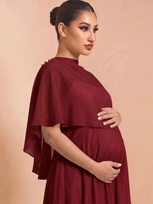 MaterniChic 孕婦純色立領披肩袖罩衫與洋裝優雅兩件套 - 酒紅色 - 查看 3