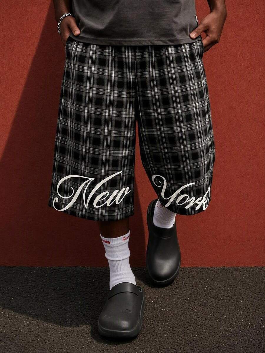 Neovey Men's Casual Fashionable Street Daily Commute College Style Patterned Letter Print Loose Wide Leg Cropped Pants - smoke gray - View 1