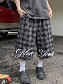 Neovey Men's Casual Fashionable Street Daily Commute College Style Patterned Letter Print Loose Wide Leg Cropped Pants - smoke gray - View 5