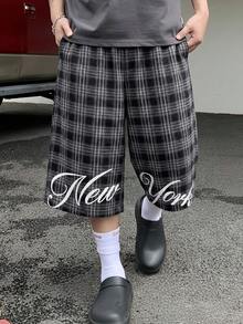 Neovey Men's Casual Fashionable Street Daily Commute College Style Patterned Letter Print Loose Wide Leg Cropped Pants - smoke gray - View 3