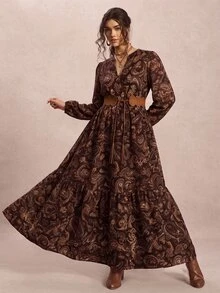 Freevana 女款大尺碼長洋裝，缺口V領、長燈籠袖，佩斯利印花，優雅休閒/外出風格，波希米亞風，秋冬時尚 - 彩色 - 查看 6