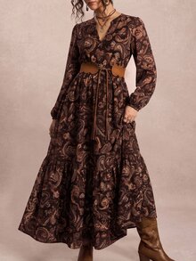 Freevana 女款大尺碼長洋裝，缺口V領、長燈籠袖，佩斯利印花，優雅休閒/外出風格，波希米亞風，秋冬時尚 - 彩色 - 查看 3