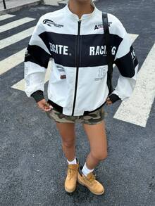 SHEIN Regular Length Racing-Inspired Teen Girls Jacket With Three-Quarter Sleeves And Sporty Design Racing Jacket Graphic Jacket Cropped Jacket Y2k Jacket Bomber Jacket,In Fall/Winter - Black and White - View 5