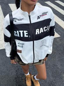 SHEIN Regular Length Racing-Inspired Teen Girls Jacket With Three-Quarter Sleeves And Sporty Design Racing Jacket Graphic Jacket Cropped Jacket Y2k Jacket Bomber Jacket,In Fall/Winter - Black and White - View 7