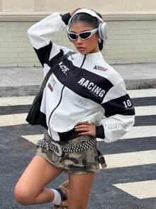 SHEIN Regular Length Racing-Inspired Teen Girls Jacket With Three-Quarter Sleeves And Sporty Design Racing Jacket Graphic Jacket Cropped Jacket Y2k Jacket Bomber Jacket,In Fall/Winter - Black and White - View 4