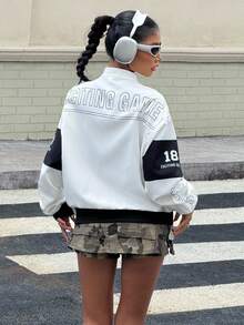 SHEIN Regular Length Racing-Inspired Teen Girls Jacket With Three-Quarter Sleeves And Sporty Design Racing Jacket Graphic Jacket Cropped Jacket Y2k Jacket Bomber Jacket,In Fall/Winter - Black and White - View 2