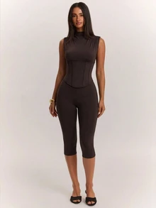 SHEIN BAE Autumn/Winter Solid Color Sleeveless Plaid Houndstooth Slim Fit Waist Decor Belt Women Mini Dress - Khaki - View 4