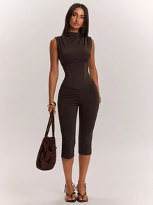 SHEIN BAE Autumn/Winter Solid Color Sleeveless Plaid Houndstooth Slim Fit Waist Decor Belt Women Mini Dress - Khaki - View 1