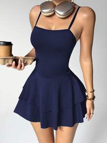 SHEIN Sovereign Charm Elegant Navy Blue Sleeveless Short Tennis Dress With Flattering Spaghetti Straps And Tiered Design Tummy Control Athletic - Navy Blue - View 8
