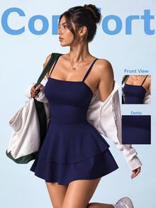 SHEIN Sovereign Charm Elegant Navy Blue Sleeveless Short Tennis Dress With Flattering Spaghetti Straps And Tiered Design Tummy Control Athletic - Navy Blue - View 2