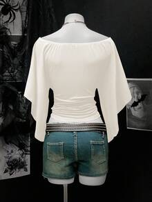 Bitrose Casual Solid Color Off Shoulder Cinched Waist T-Shirt - Apricot - View 2