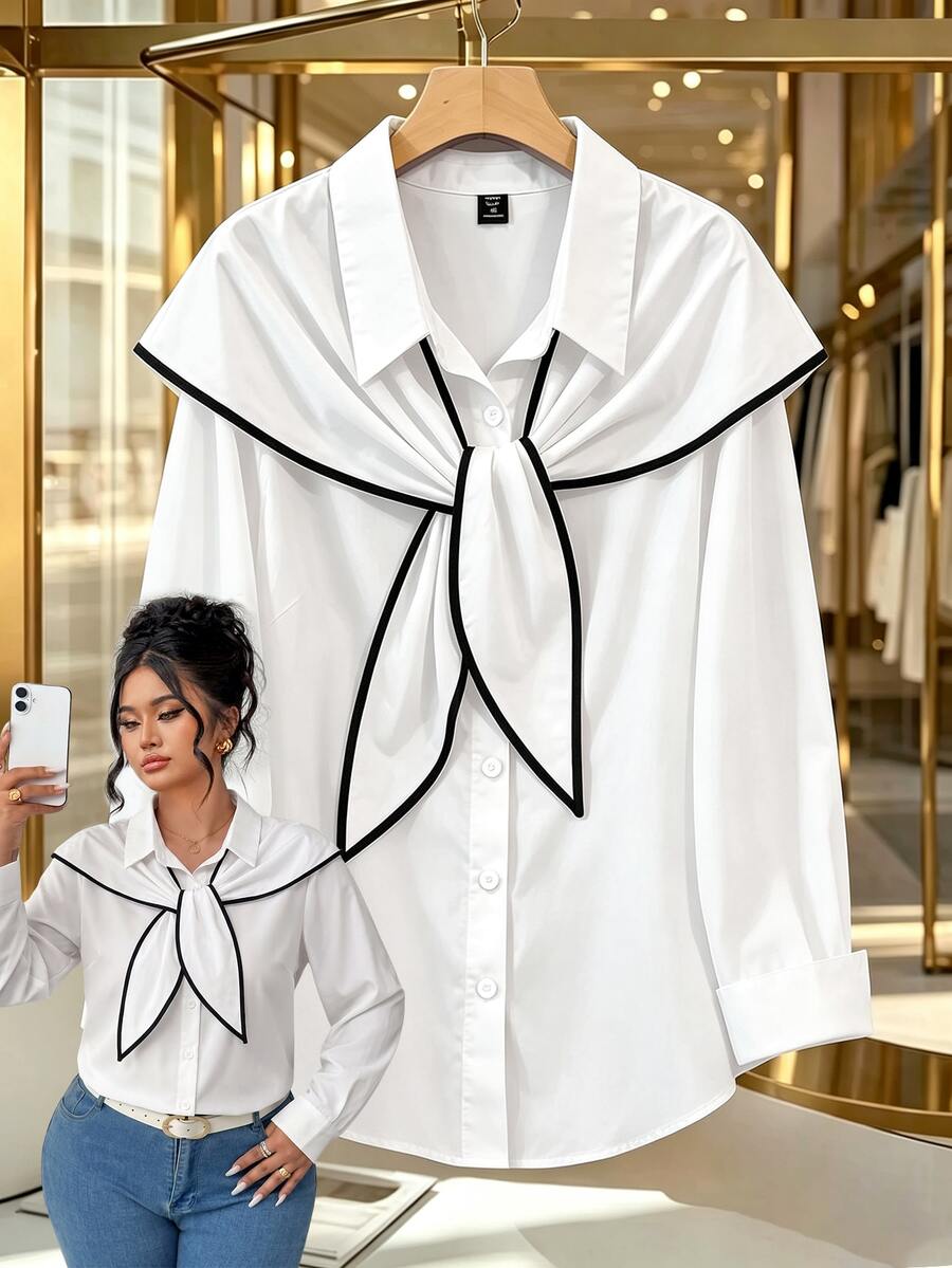 GlowEve CURVE Plus Size Ladies' High-End Luxury Spring And Autumn Lapel Short French Shirt With Elegant Plaid Shawl Blouse Fall Brunch Office Black And White - White - View 1