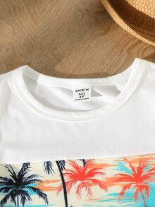 SHEIN 2 件套年轻男孩休闲印花短袖圆领 T 恤和短裤套装，适合日常休闲、度假、运动户外、夏季 - 白色 - 查看 6